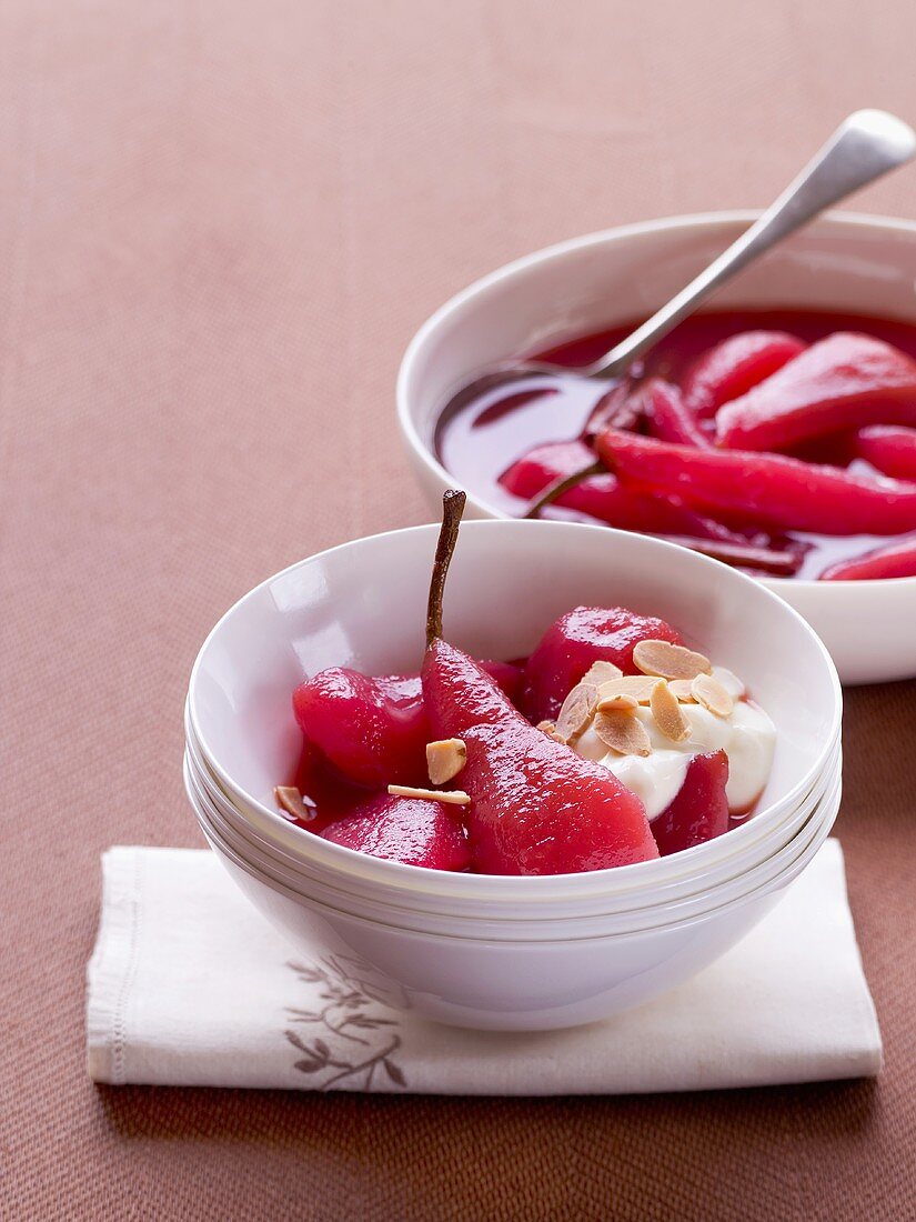 Pears poached in red wine