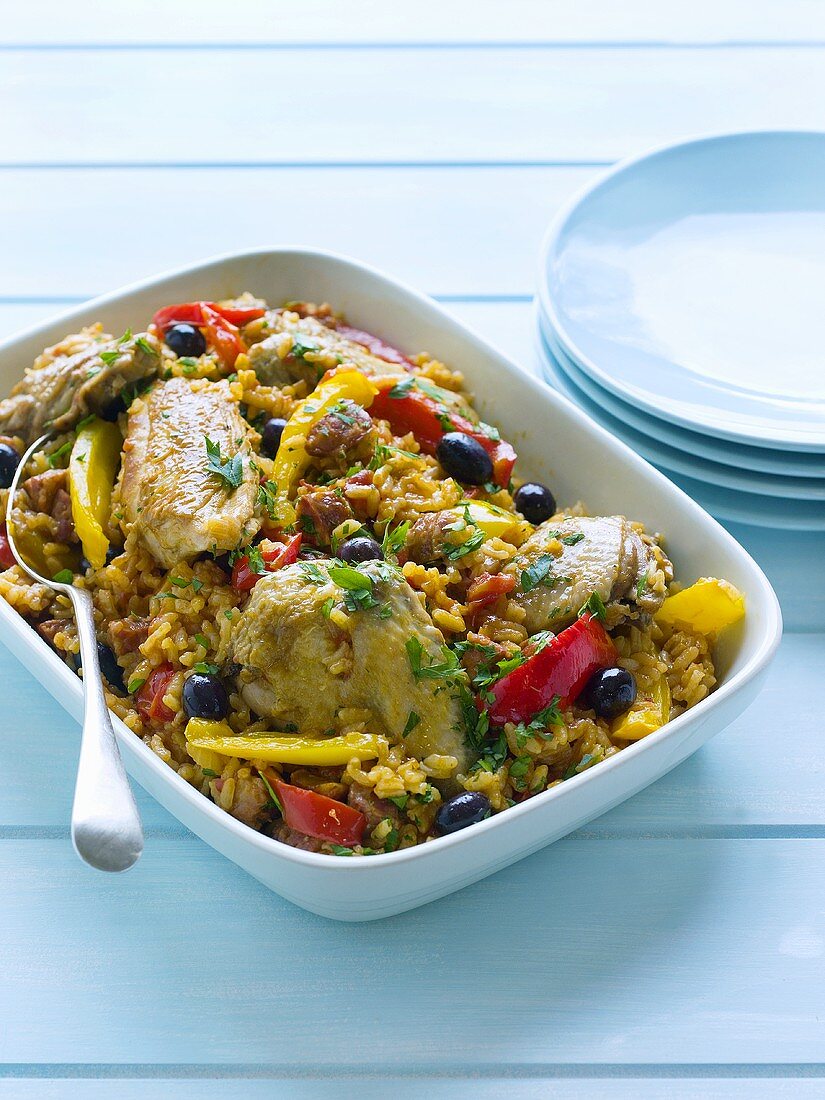 Paella with chicken and vegetables