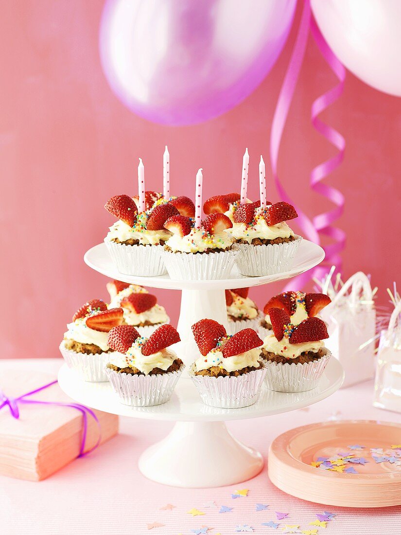 Carrot cupcakes with cream cheese & strawberries (child's birthday)