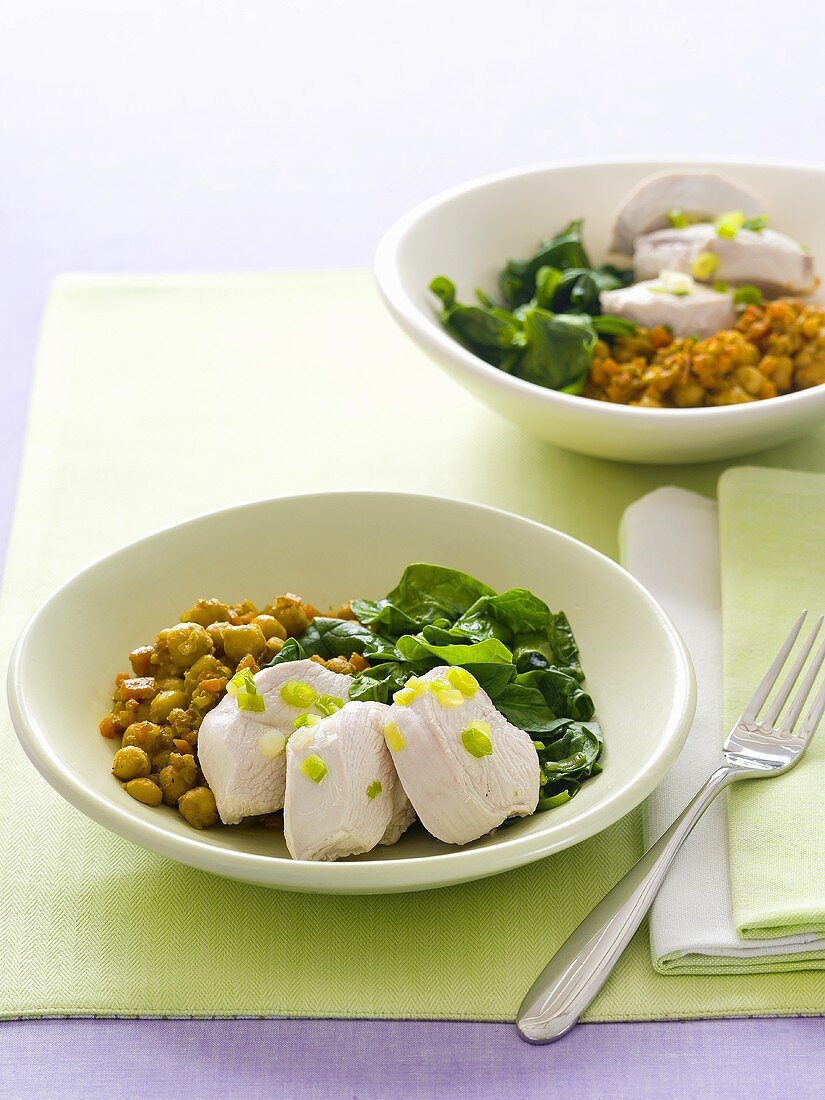 Chicken breast with chick-pea curry and spinach