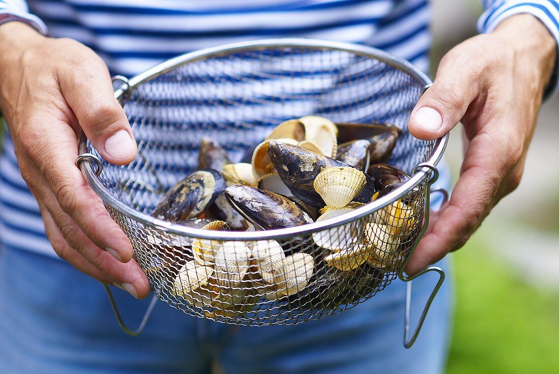 Two hands holding a metal sieve containing assorted shellfish
