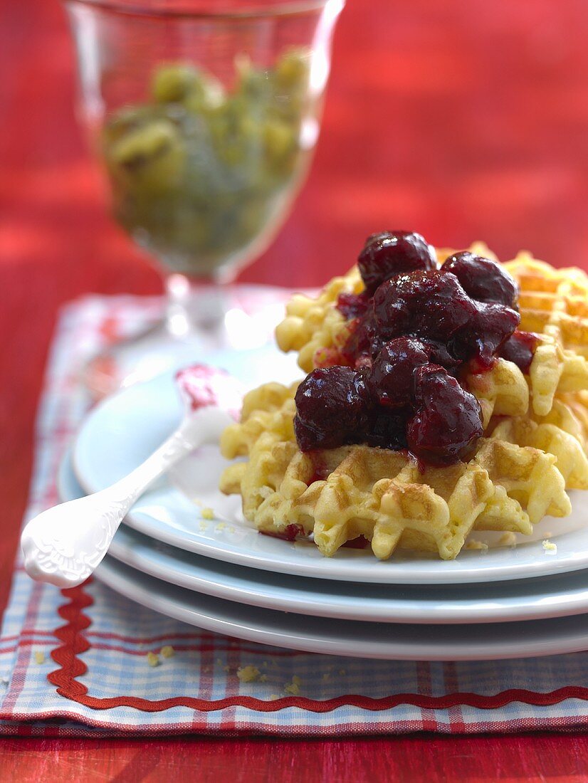 Waffles with cherry jam
