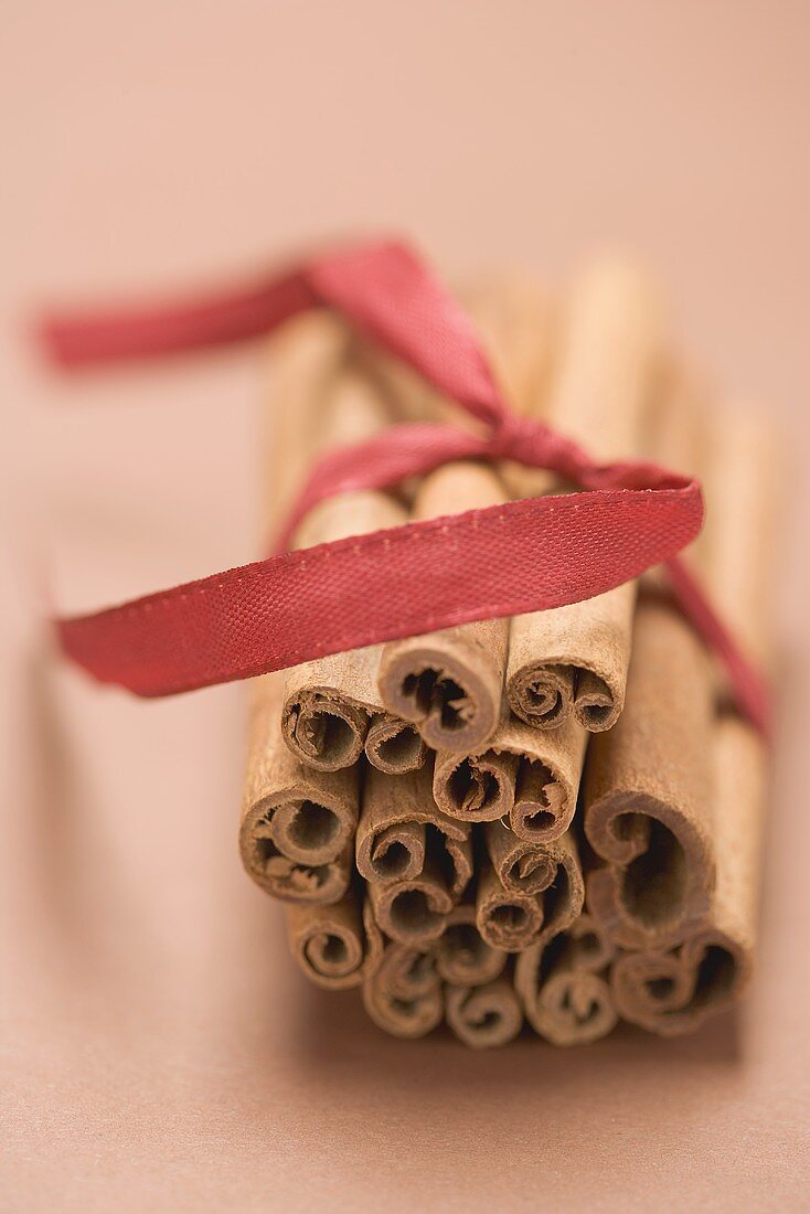 Cinnamon sticks tied together with red ribbon