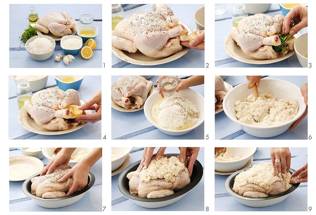 Preparing chicken in salt crust