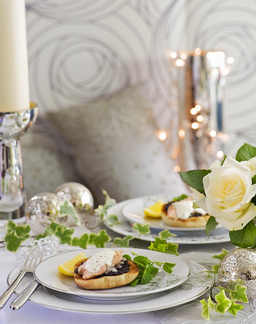 English muffins with sturgeon and caviar (Christmas)