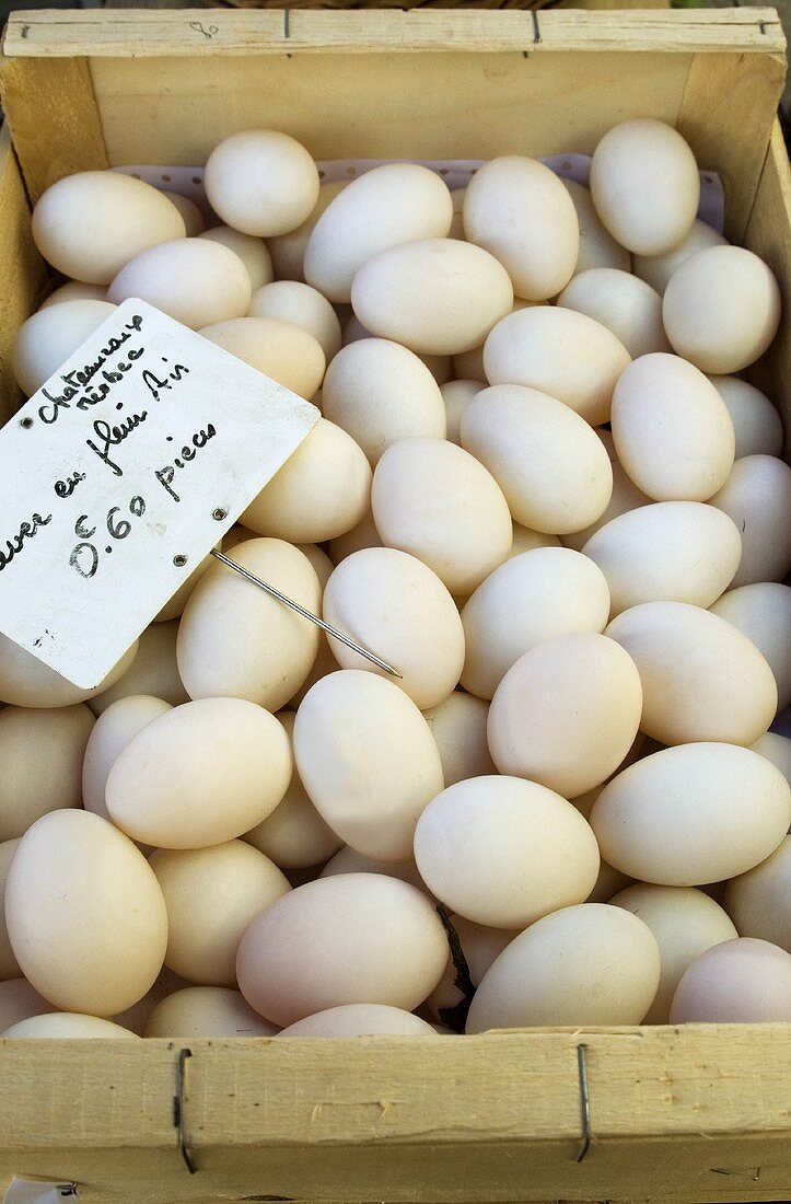 Goose eggs in crate at a market in France