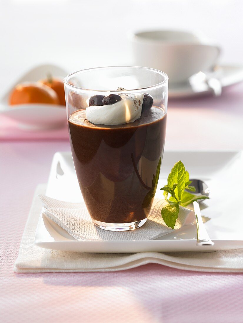 Chocolate & chestnut cream in glass with Amarena cherries