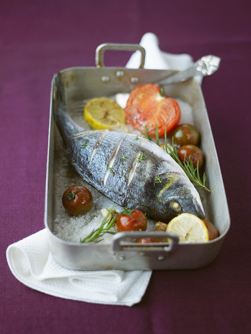 Sea bream baked on sea salt with tomatoes and rosemary