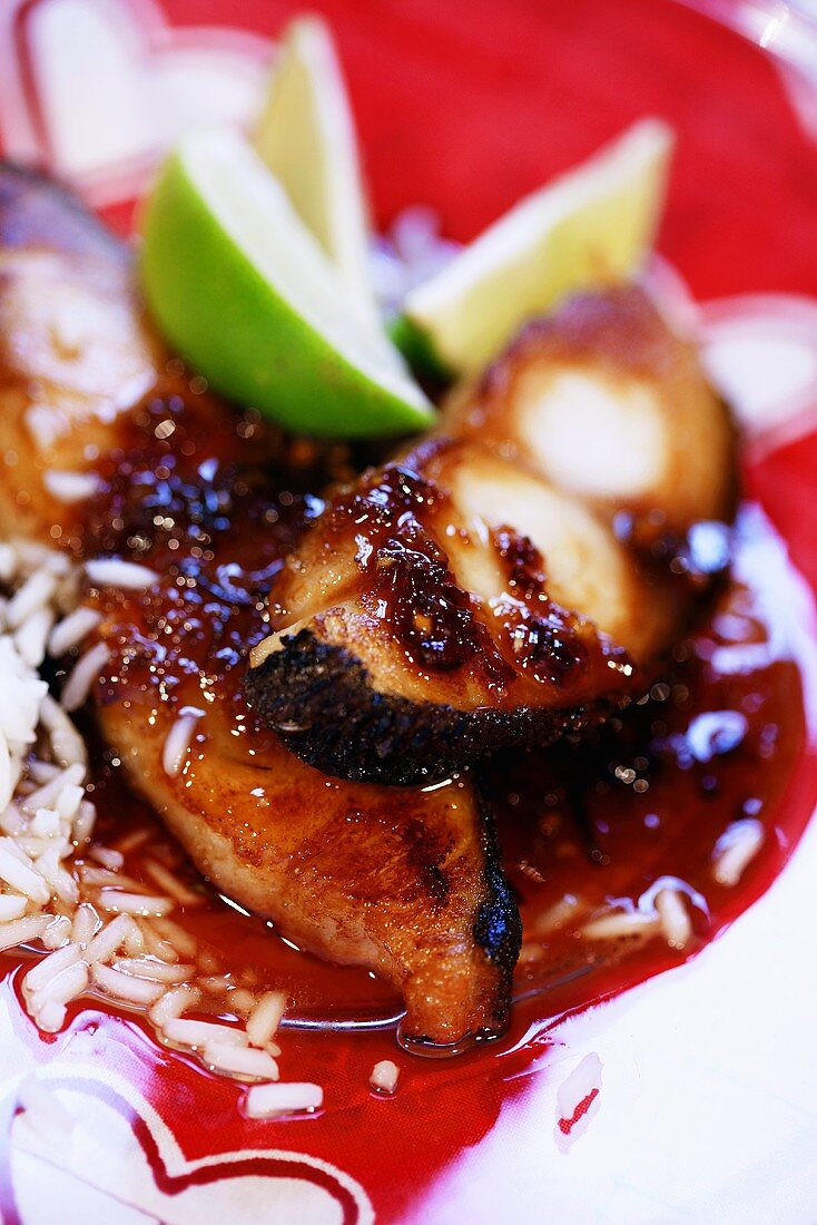 Fish in caramel sauce with rice and lime wedges