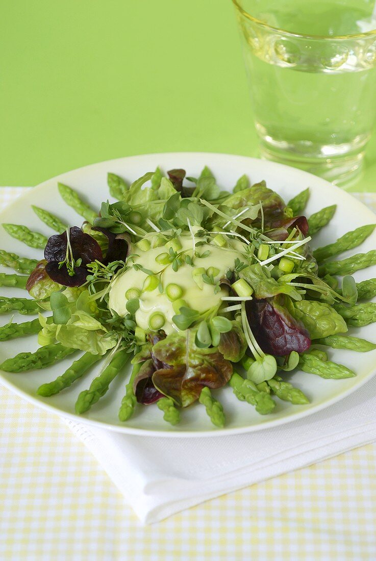 Blattsalat mit Avocadocreme und grünem Spargel