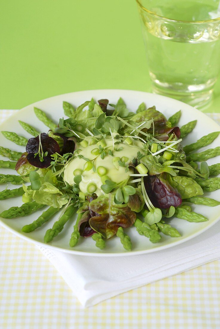 Salad leaves with avocado cream and green asparagus