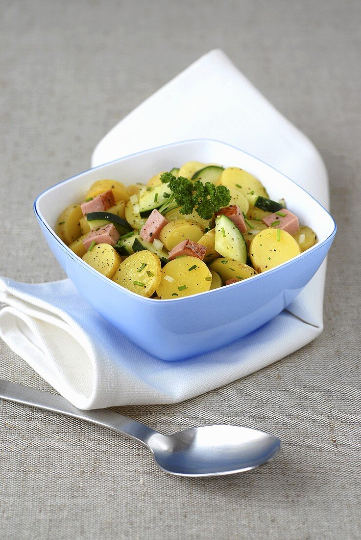 Potato salad with cucumber and ham