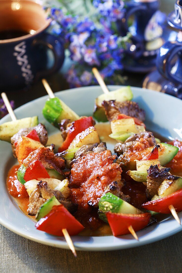 Rindfleisch-Gemüse-Spiesse mit Tomatensauce