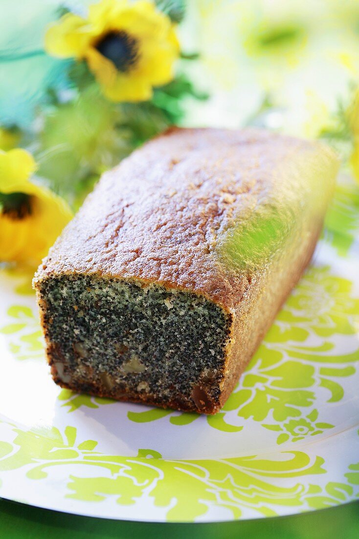 Poppy seed loaf cake, a slice removed
