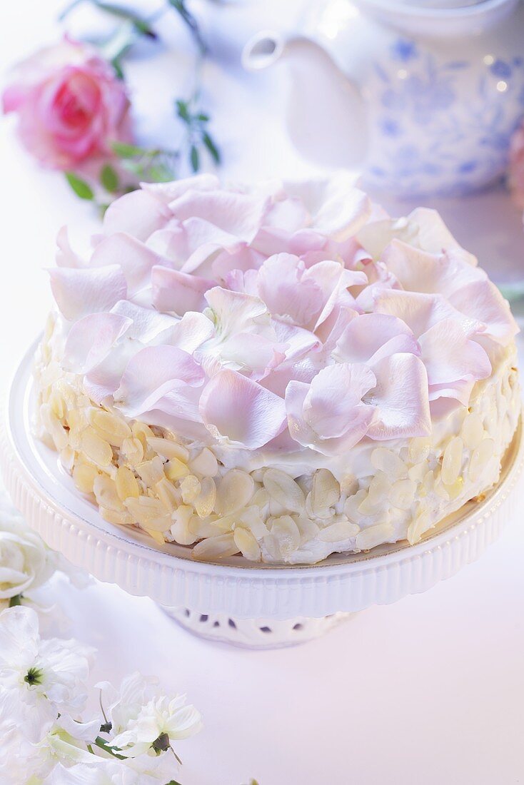 Almond cake with rose petals