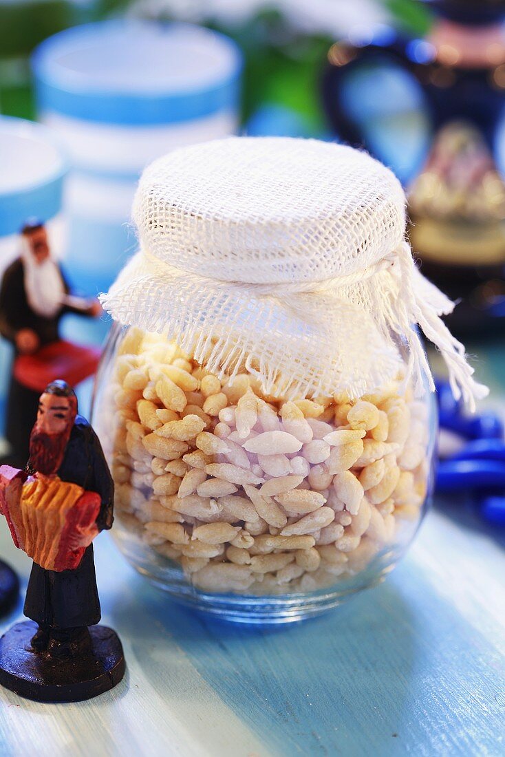 Spaetzle (noodles) in storage jar (Jewish cuisine)
