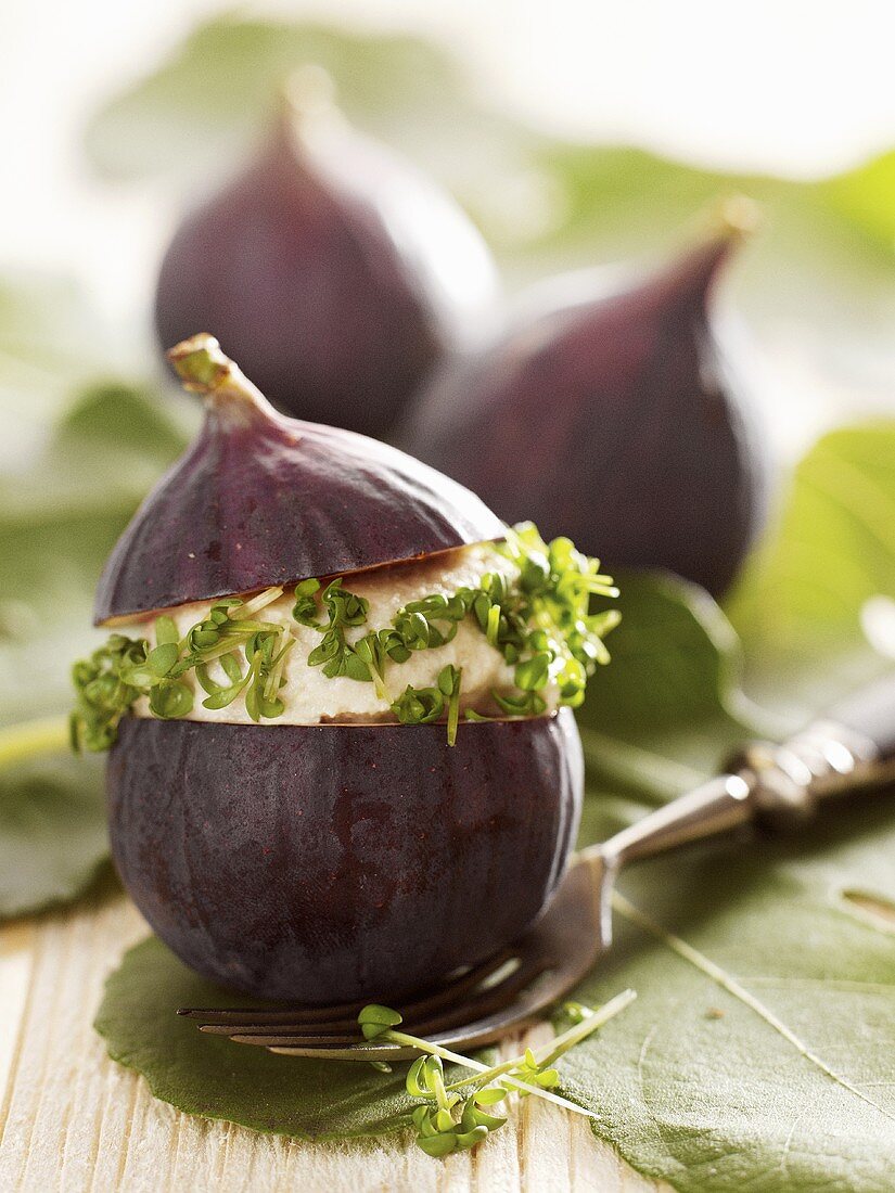 Figs stuffed with cashew cheese and cress
