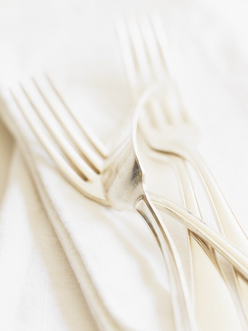 Silver forks on fabric napkin