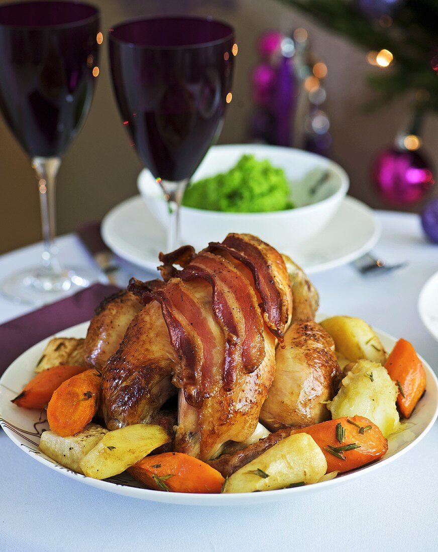 Chicken with bacon and root vegetables for Christmas