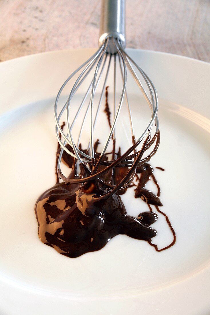 Melted chocolate on plate with whisk