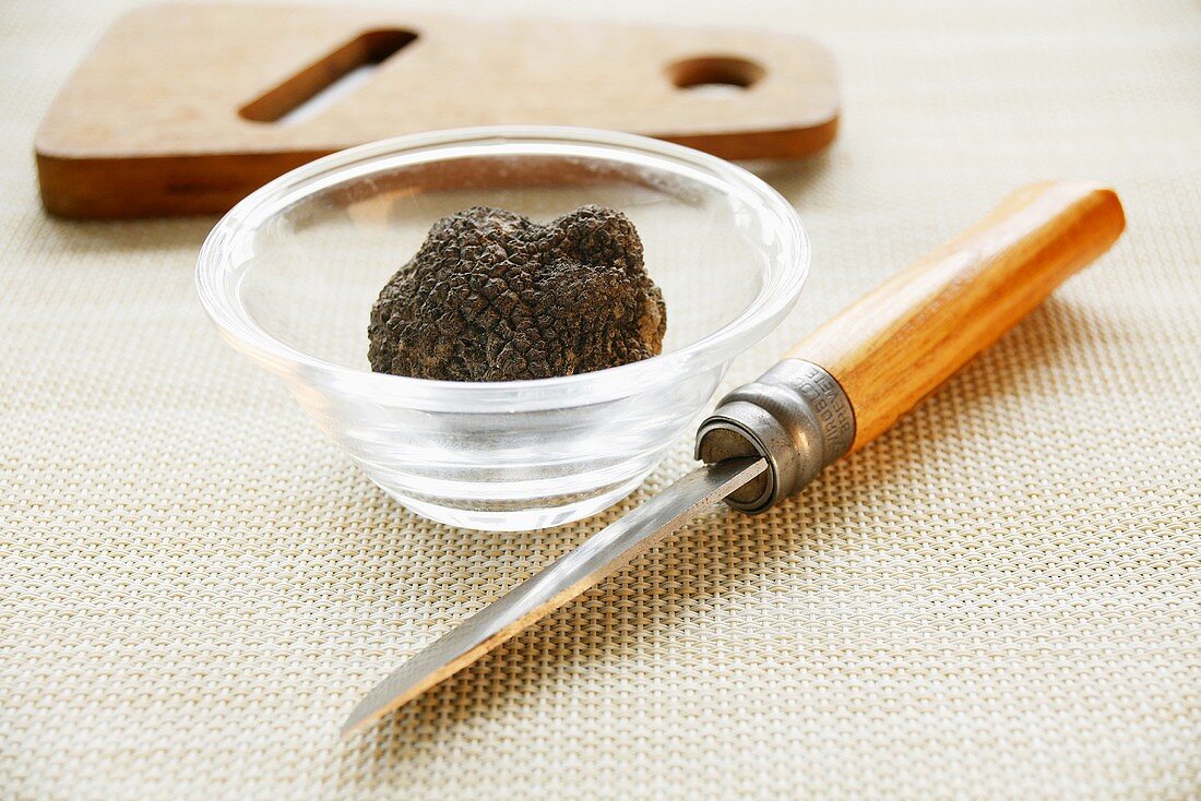Black truffle (Perigord truffle) in a small glass dish