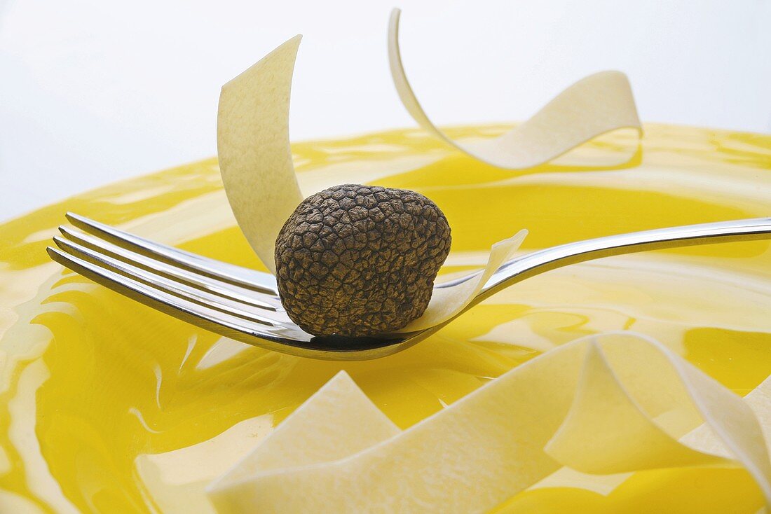 Black truffle (Chinese truffle) on fork with ribbon pasta
