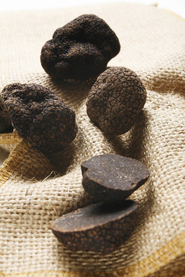 Black truffles (Chinese truffles) on jute sack