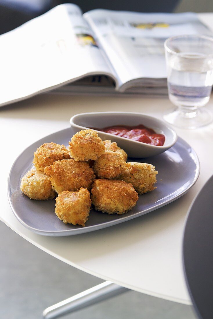 Fritierte Lachsbällchen mit Ketchup