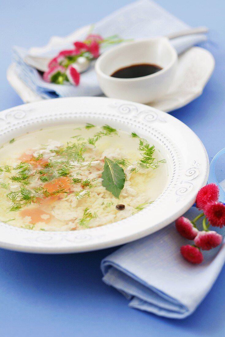 Chicken broth with stelline, carrot and dill