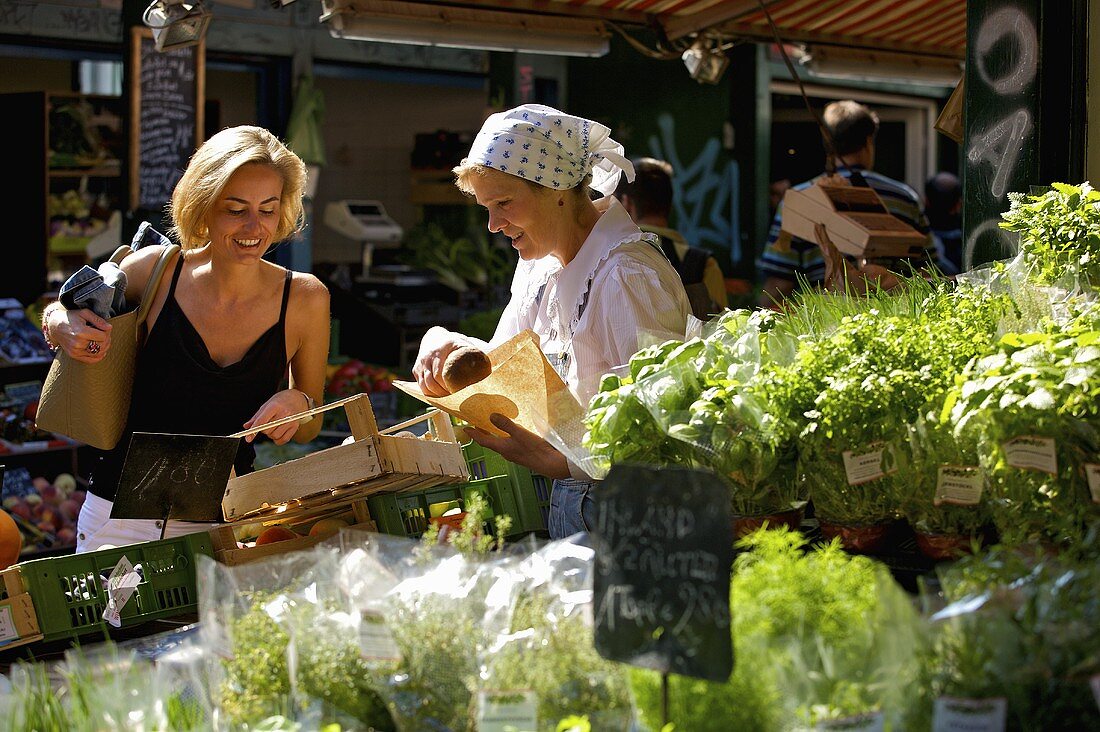 Blond woman shopping at a market