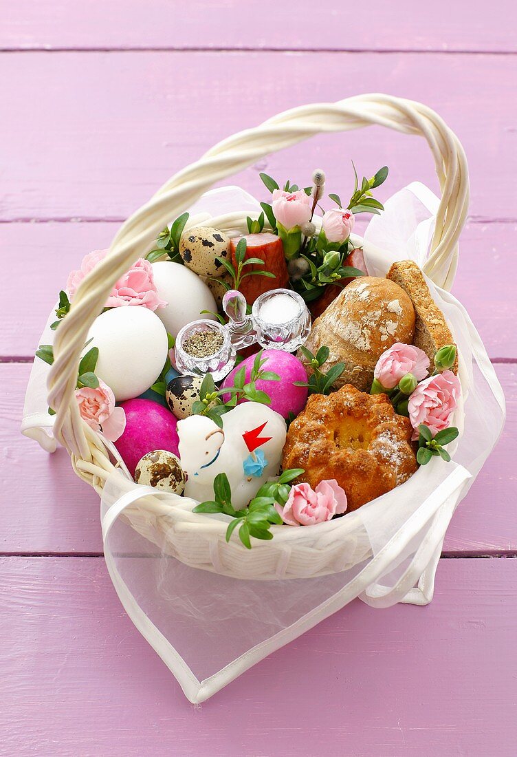 Easter eggs, sausage, baba & Easter lamb in basket (Poland)