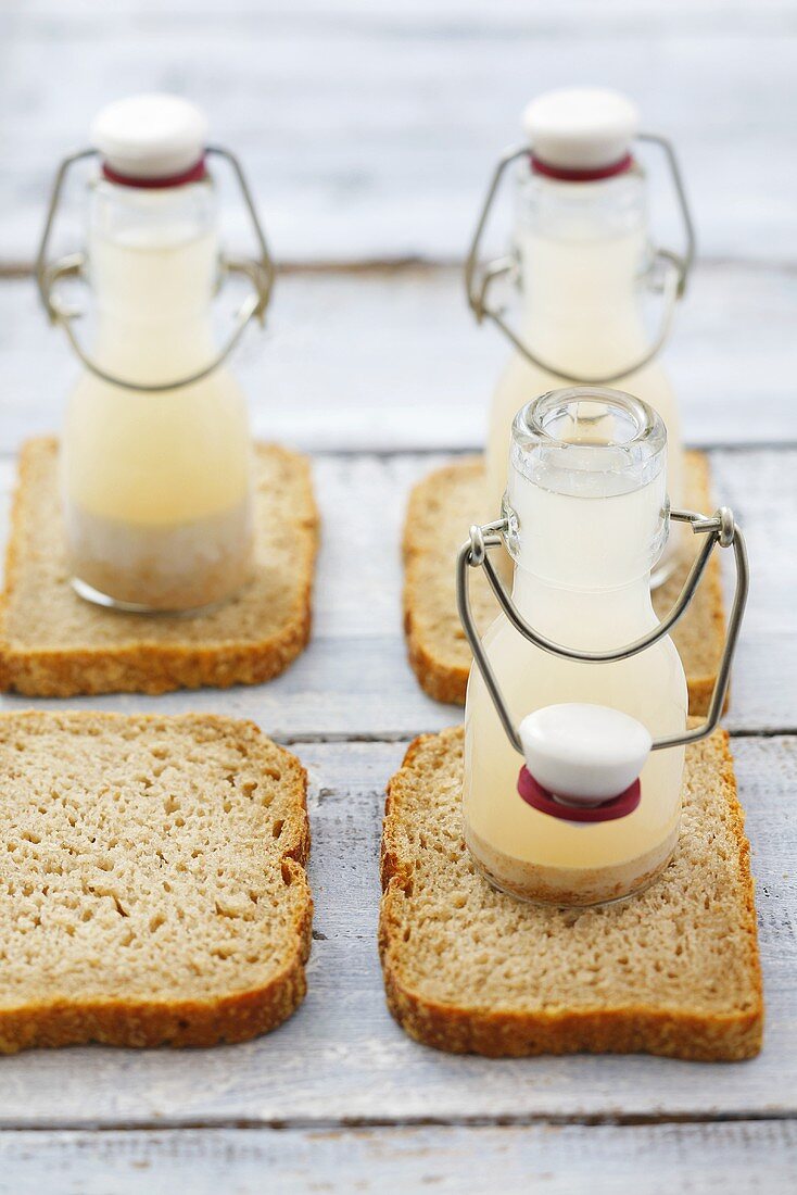 Sourdough starter in small bottles (for zurek) on wholemeal bread