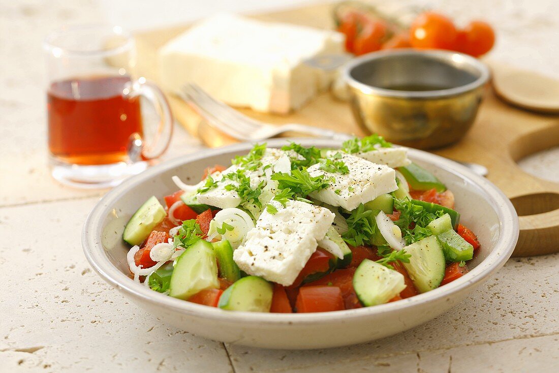 Bulgarian salad of pepper, tomato, cucumber, onion and feta