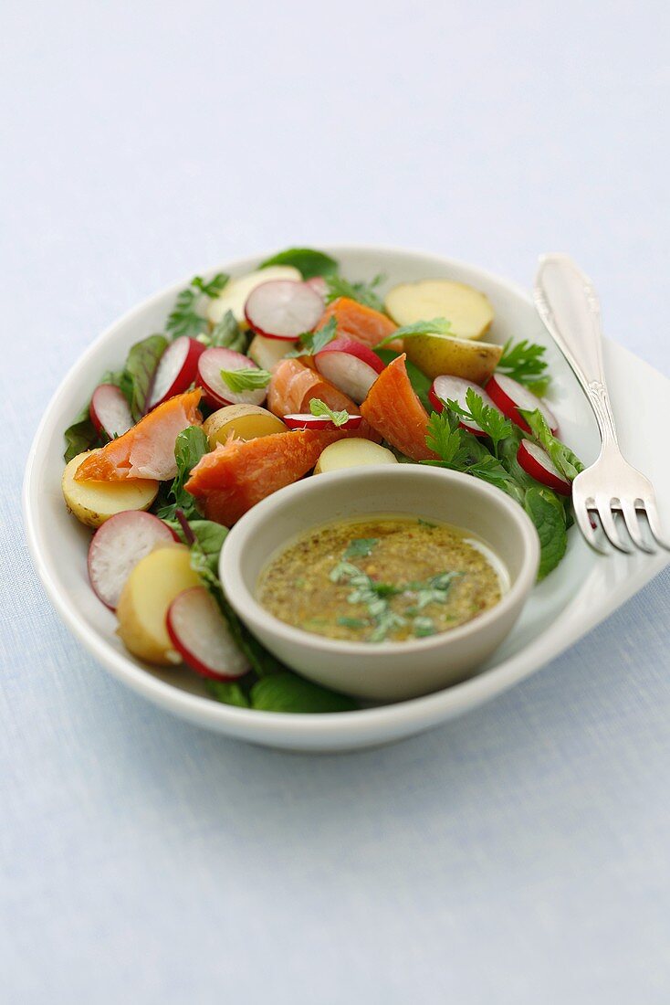 Salat mit heiss geräuchertem Lachs und Senf-Dressing