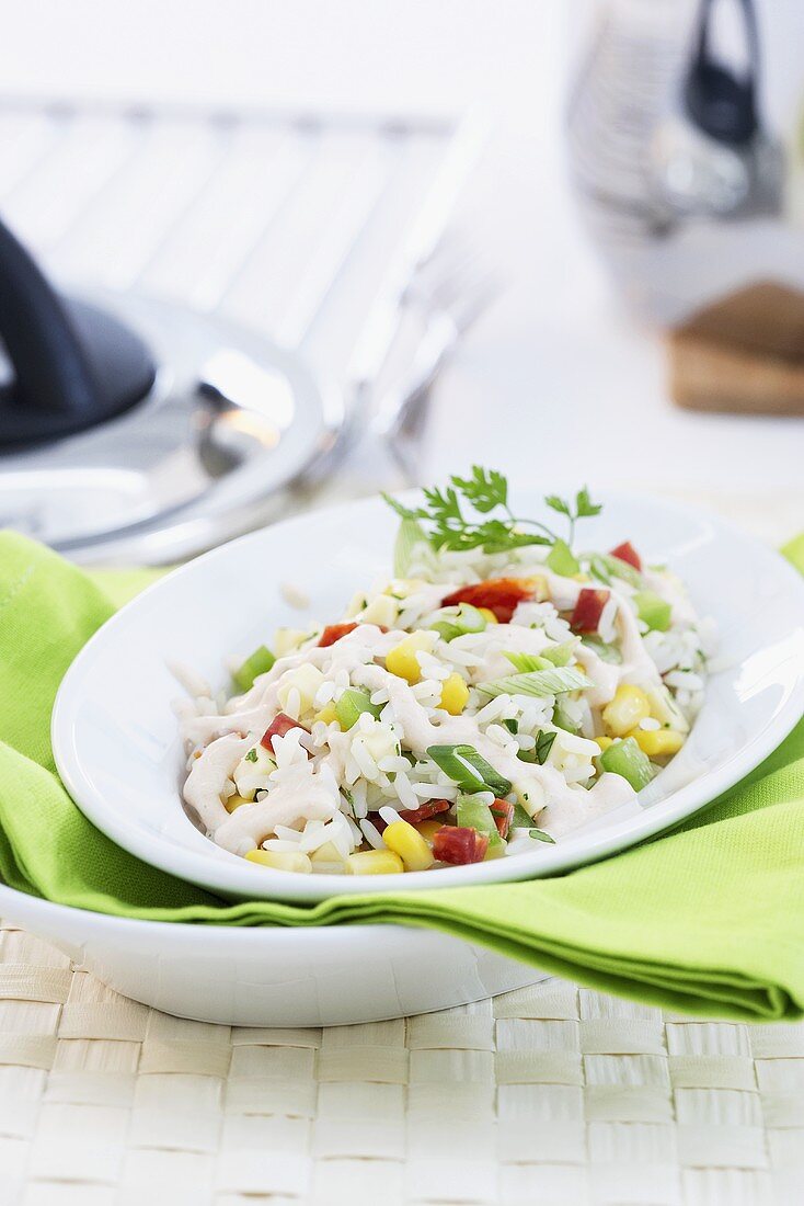 Rice and vegetable salad with chorizo