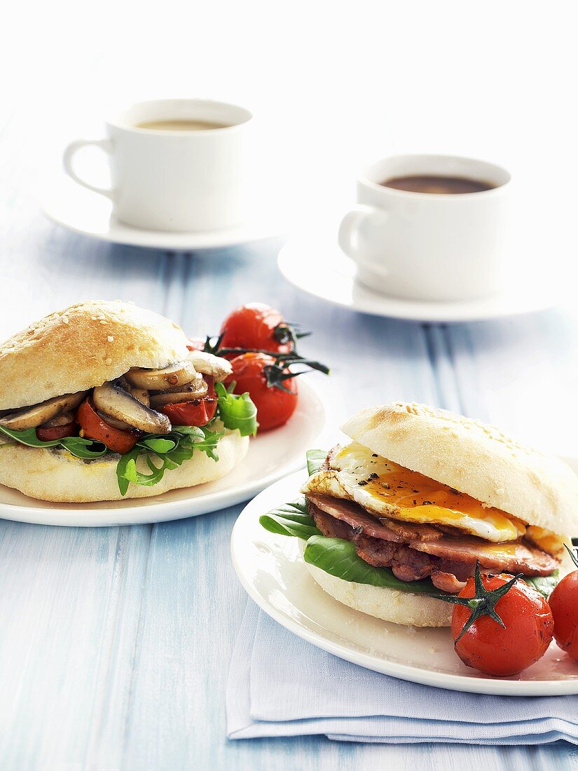 Bacon and egg sandwich and mushroom and tomato sandwich