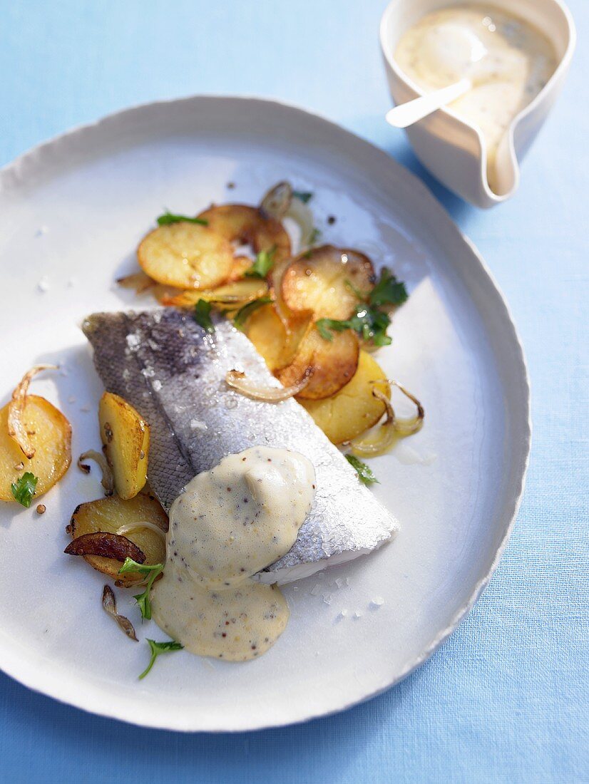 Steamed haddock with mustard sabayon and fried potatoes
