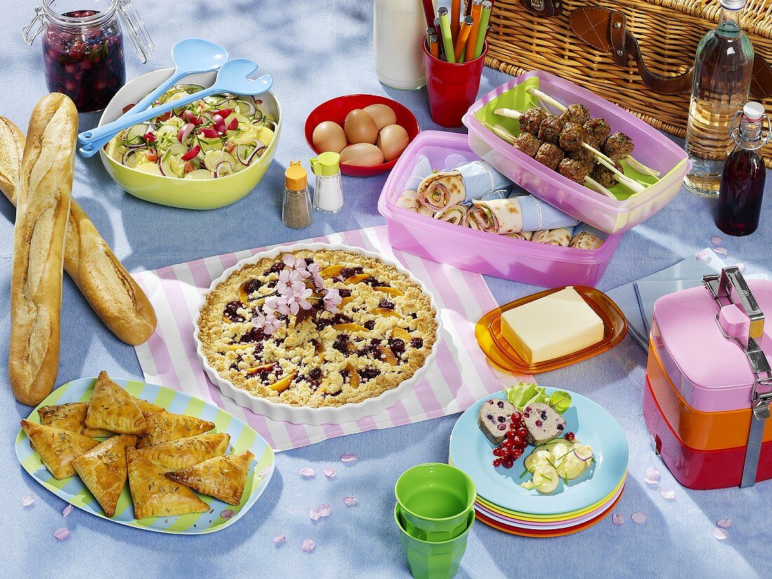 Picknick mit Fingerfood, Salat und Kuchen