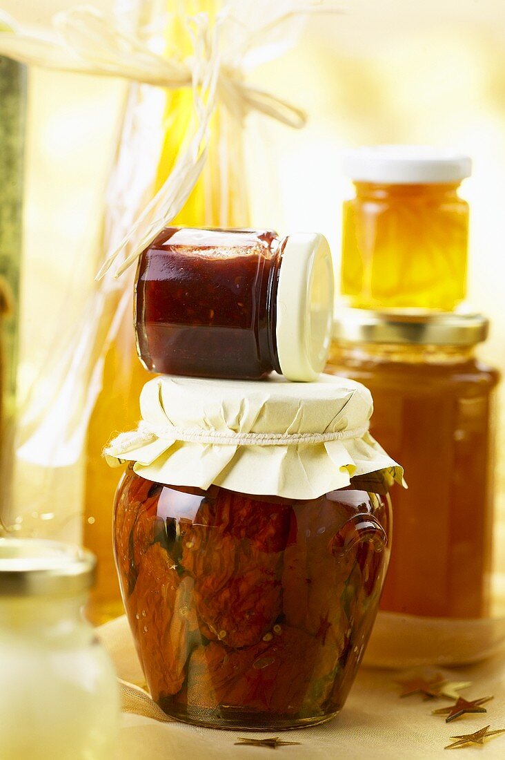 Sweet preserves and pickles in jars