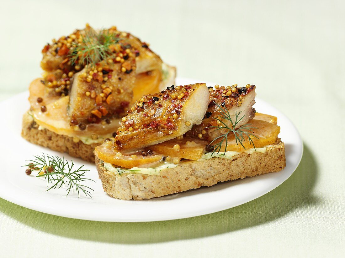 Smoked mackerel and pumpkin open sandwiches