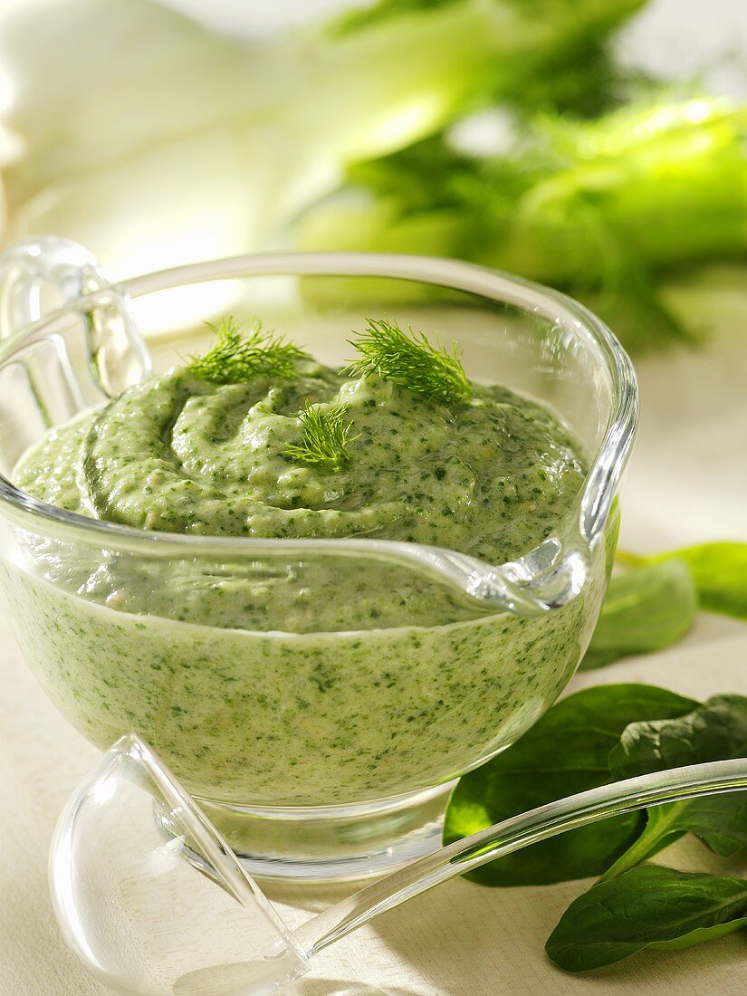Spinach and fennel sauce in sauce-boat