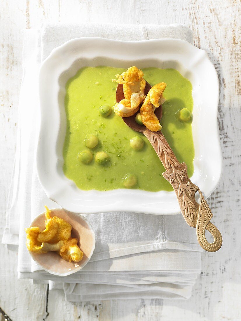 Green avocado and apple soup with tempura oyster mushrooms