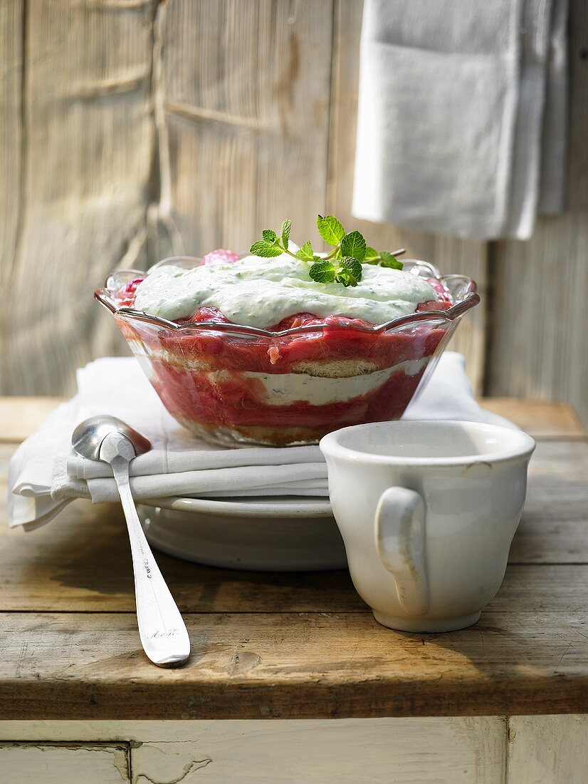 Rhubarb trifle with sponge and lime quark cream