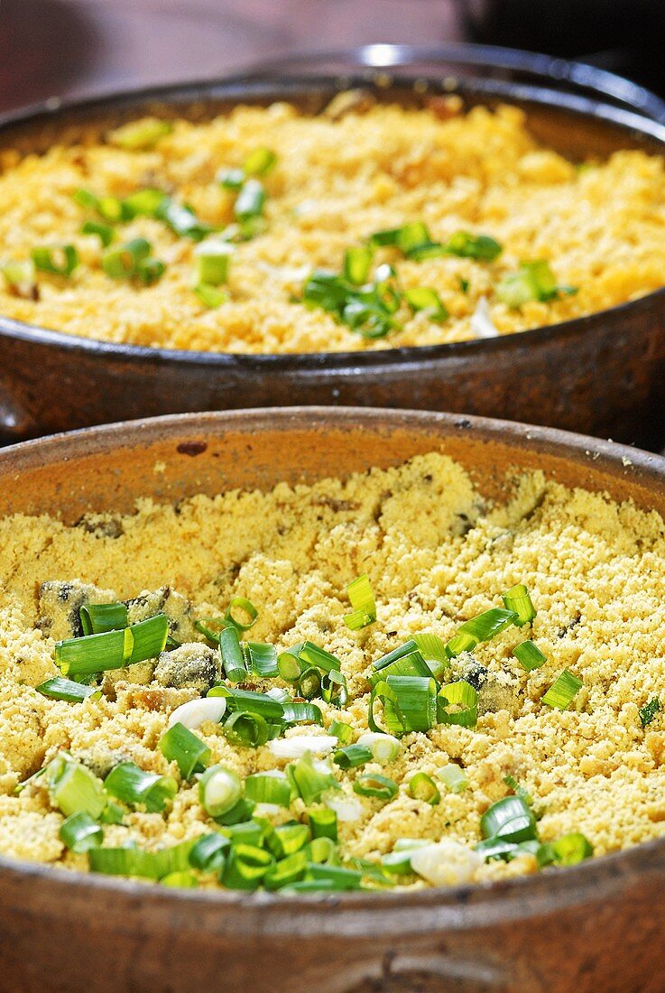 Two different farofas (Side dish made with manioc flour, Brazil)