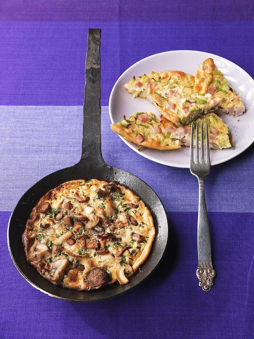 Ham, Parmesan & leek omelette, mushroom omelette with pumpkin seeds