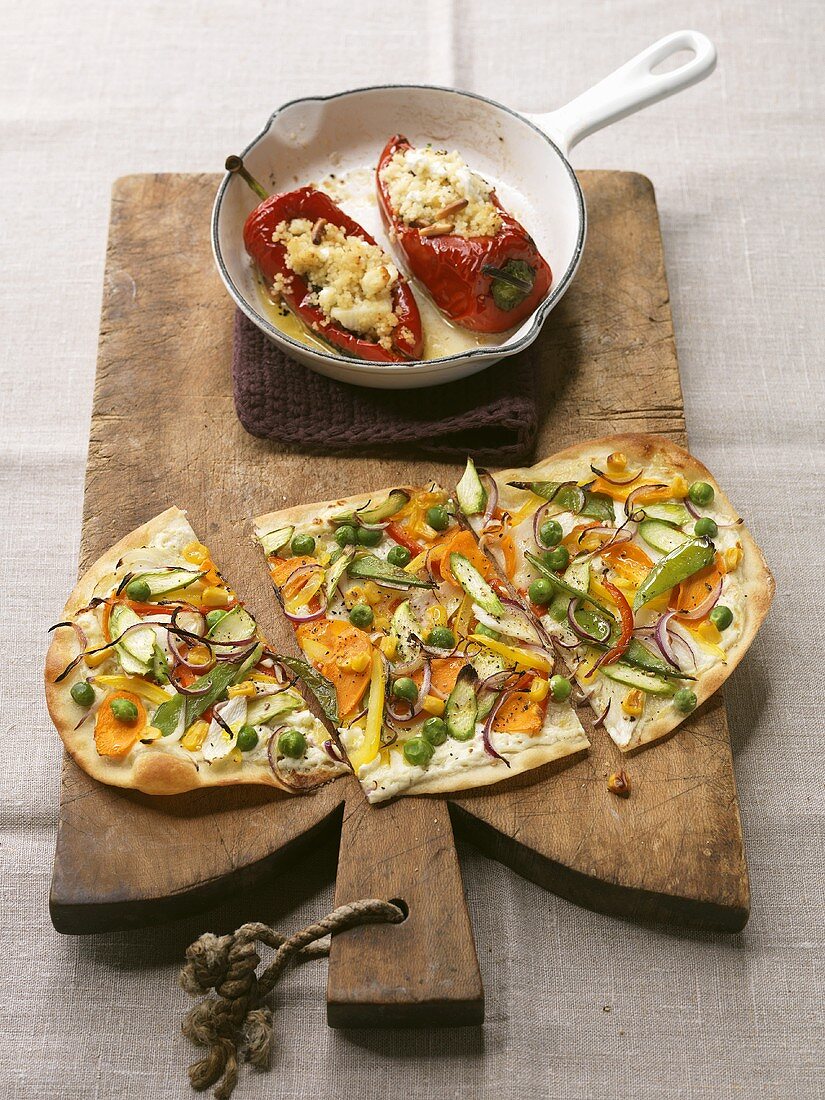 Pointed pepper with couscous salad & mixed vegetable tarte flambée