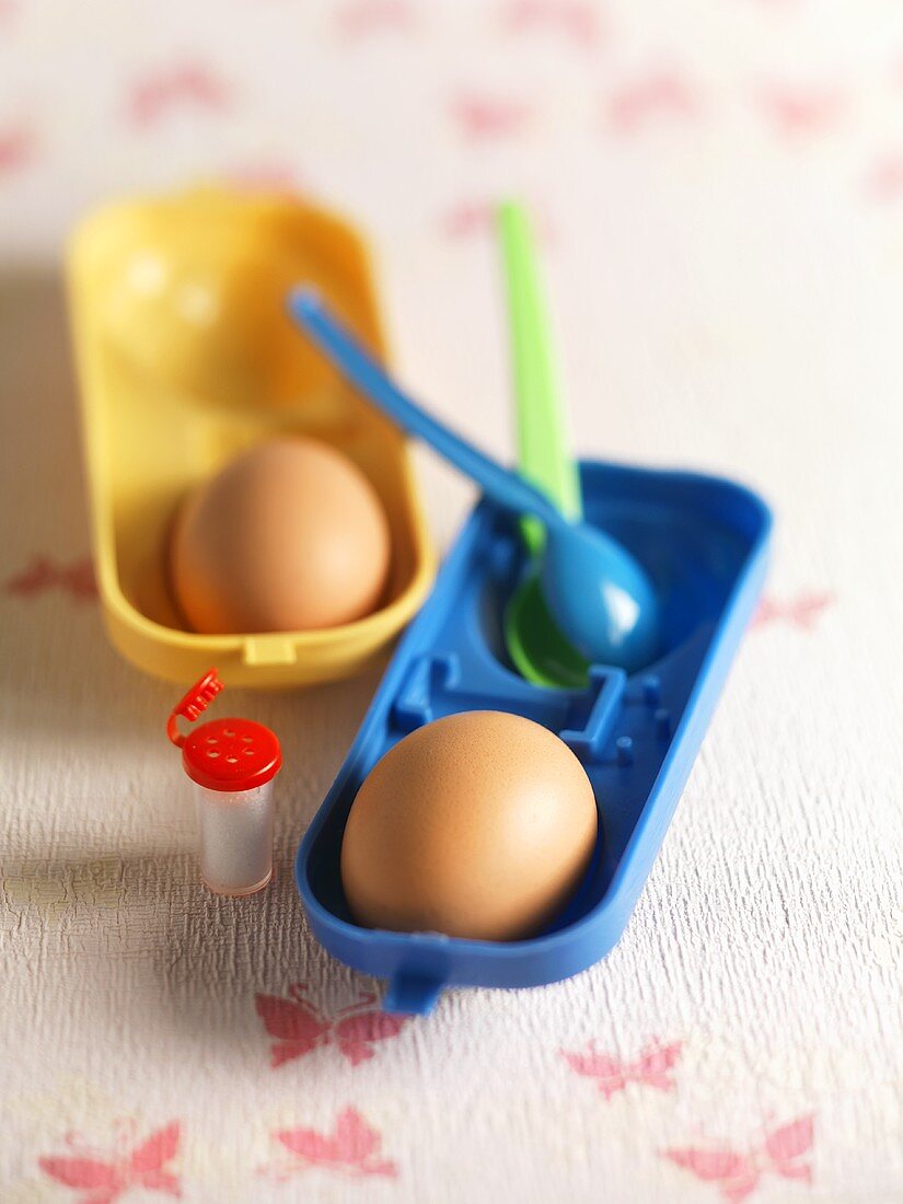 Gekochte Eier im Eierschachtel, Löffel und Salzstreuer