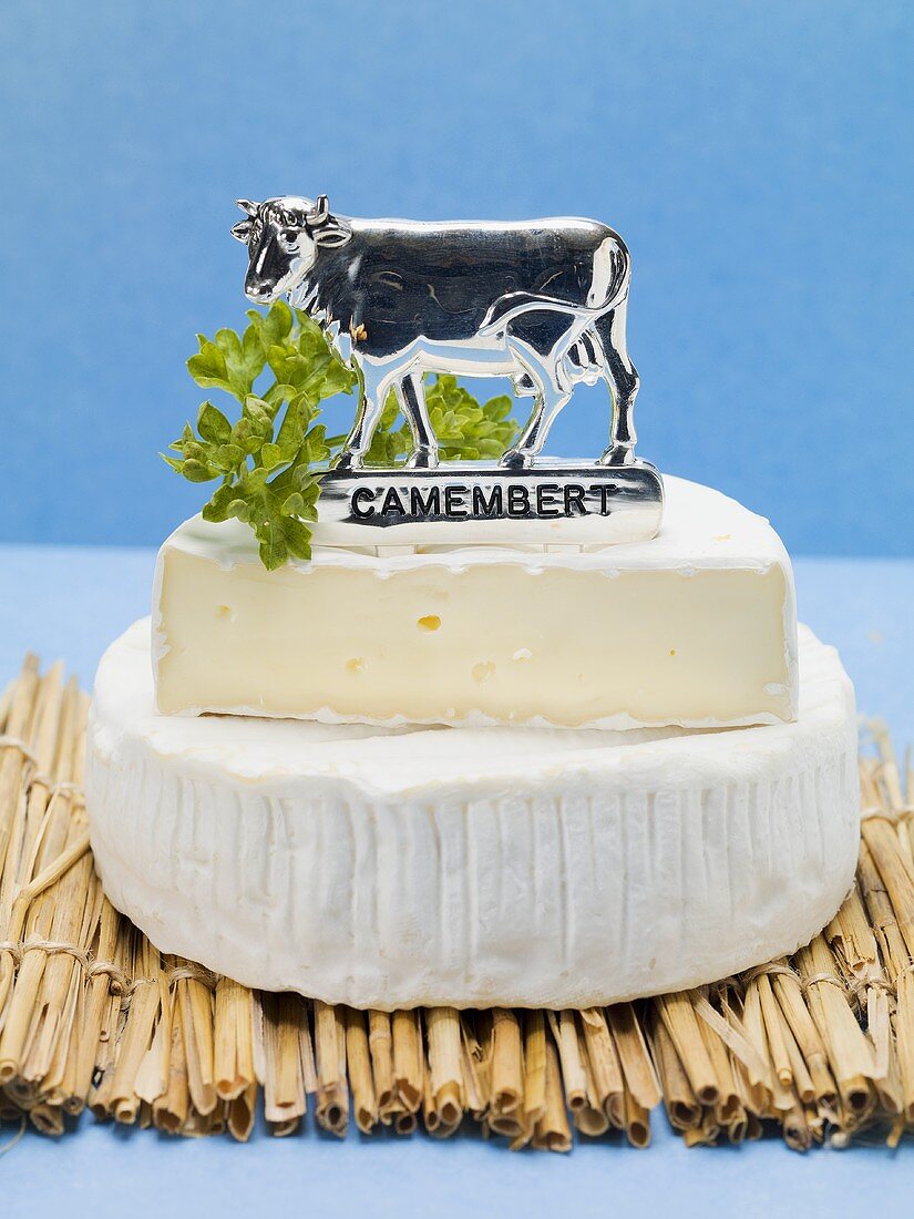 Camembert with cow Camembert label on straw mat