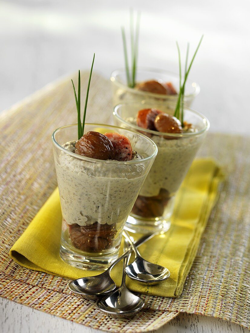 Lentil mousseline with sweet chestnuts in three glasses