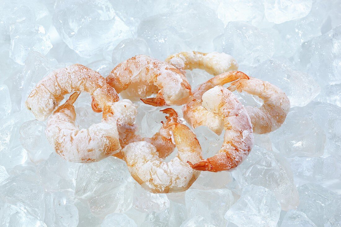 Frozen, peeled prawns on ice